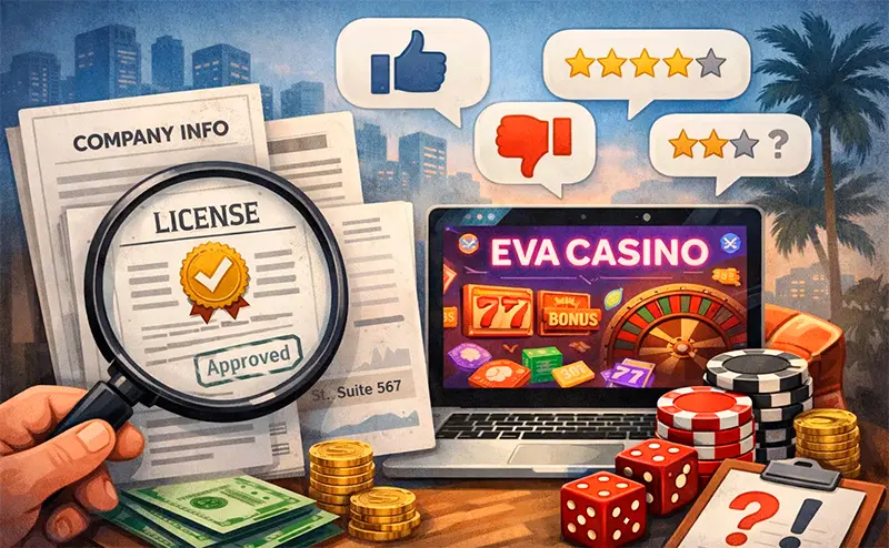 Eva Casino: детальный разбор лицензии и репутации площадки. Проверка лицензии и анализ отзывов игроков о Ева казино через увеличительное стекло на фоне интерфейса сайта.