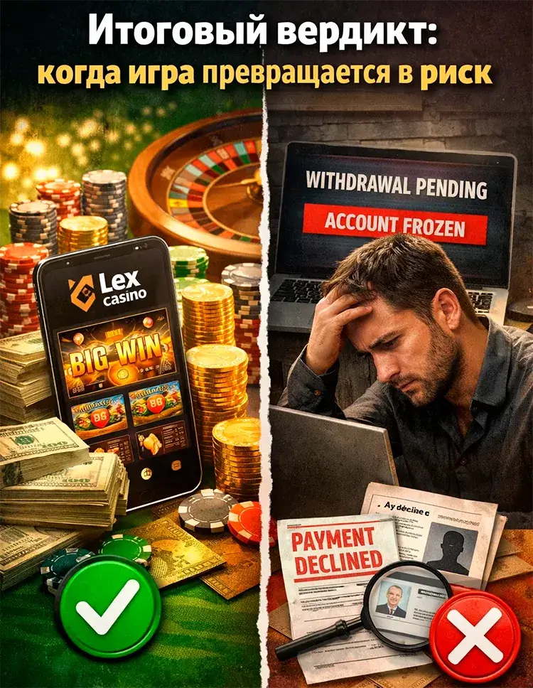 Контраст между выигрышем и блокировкой выплат в казино Лекс на итоговом вердикте