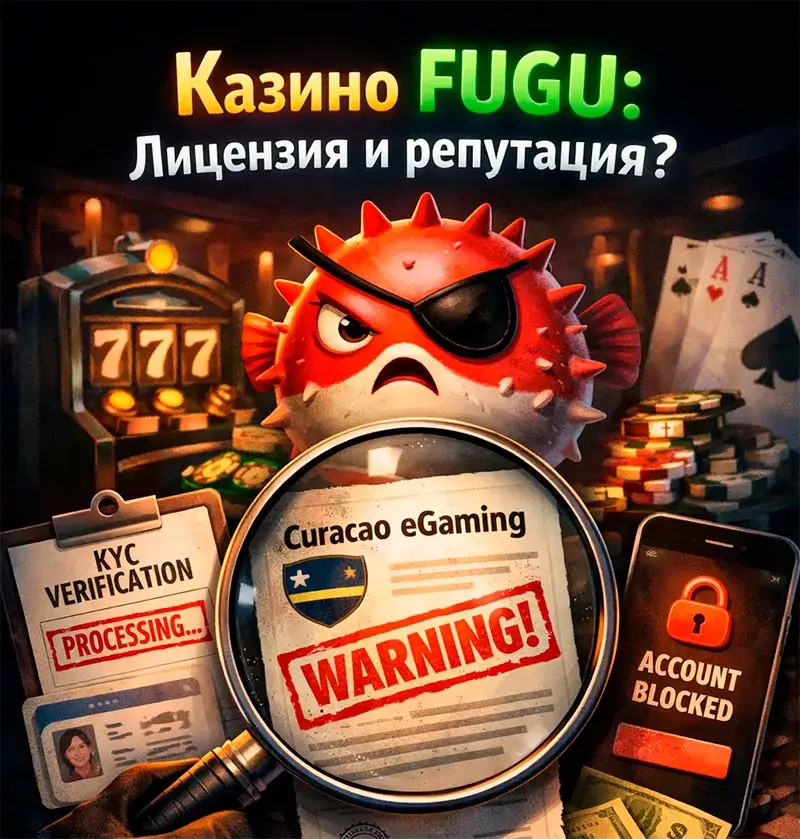 Проверка лицензии казино Фугу через лупу и предупреждение о блокировке аккаунта