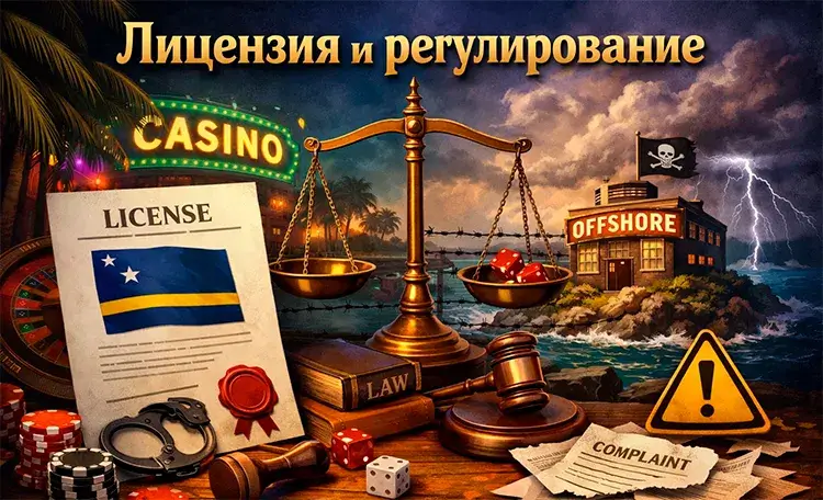 Офшорная лицензия Кюрасао и весы правосудия на фоне жалоб игроков казино Риобет
