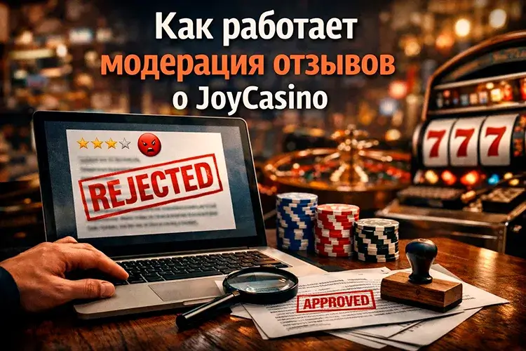 Иллюстрация модерации отзывов в JoyCasino: отклоненные жалобы игроков и одобренные комментарии