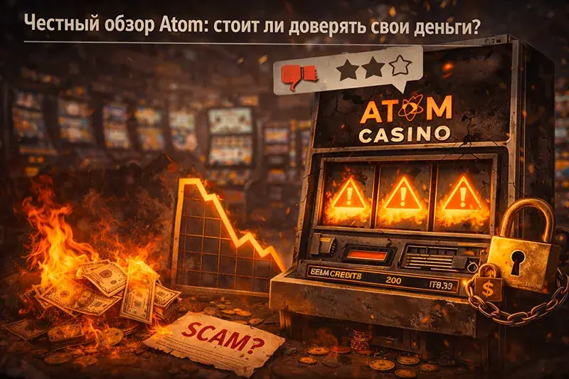 Пылающие купюры и заблокированный игровой автомат казино Атом