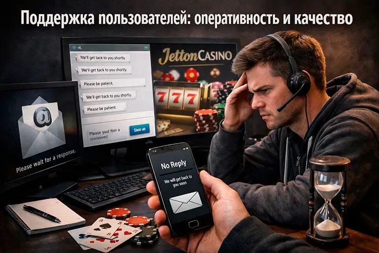 Игрок ожидает ответа службы поддержки Jetton Casino на фоне чата с шаблонными фразами и песочных часов.
