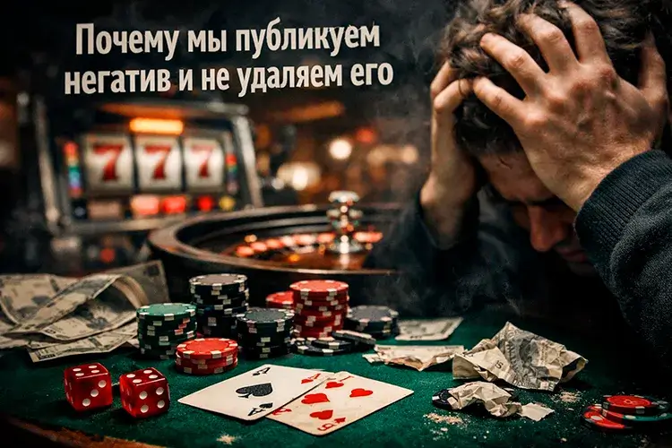 Игрок в отчаянии на фоне игровых автоматов и открытый вопрос о публикации негативных отзывов о ROX Casino.