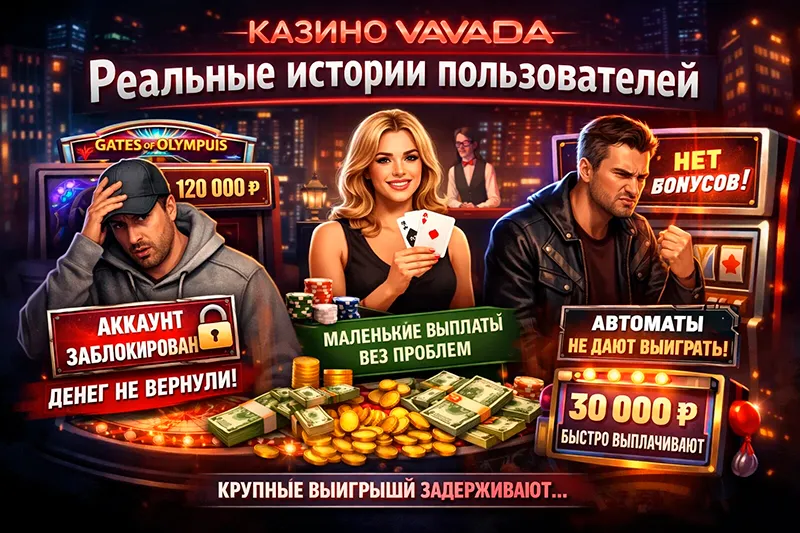 Коллаж из историй игроков Вавада о блокировках аккаунтов и задержках крупных выплат