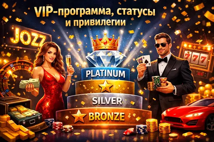 Пирамида VIP-статусов Platinum, Silver и Bronze в казино Jozz с бонусами для игроков