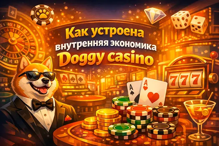 Маскот Doggy Casino в смокинге на фоне игровых залов и золотых фишек внутренней валюты Doggy Coin